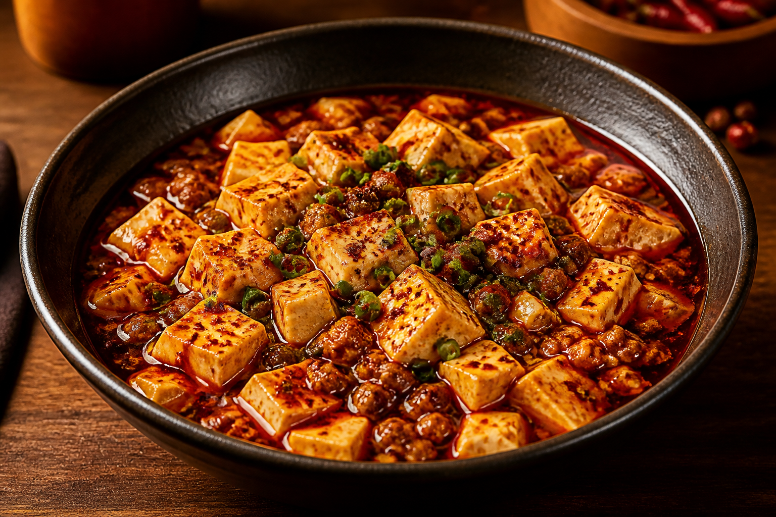 Mapo tofu with chili oil, minced meat, scallions, and Sichuan pepper