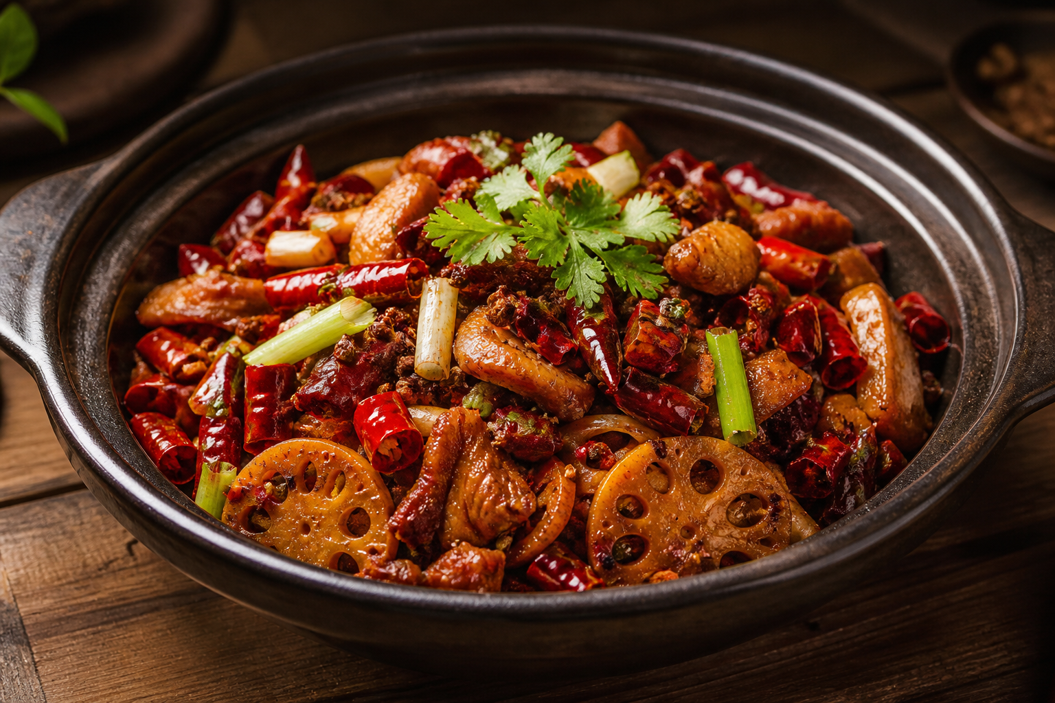 Sichuan dry pot with red chilies, peppercorns, lotus root, and tender meat
