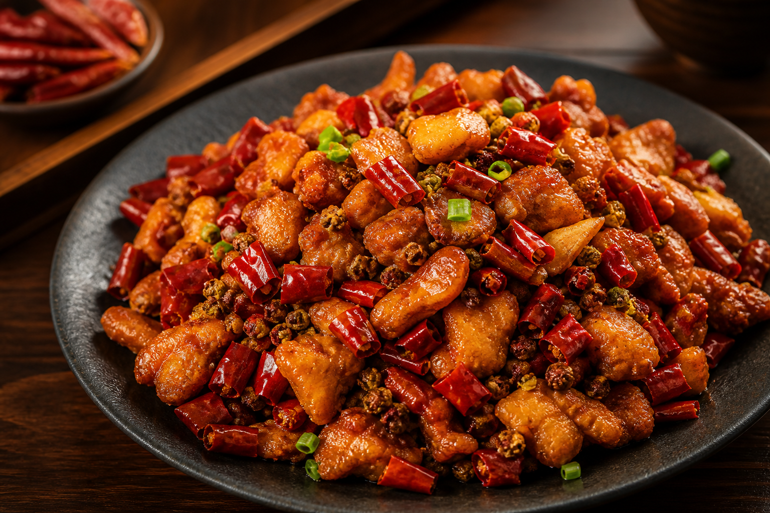 Sichuan spicy crispy chicken with dried red chilies and peppercorns